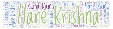 Hare Krishna kelime bulutu. Harfler ve kelimeler sadece yapılmış Wordcloud.