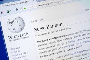 Ryazan, Russia - August 19, 2018: Wikipedia page about Steve Bannon on the display of PC clipart