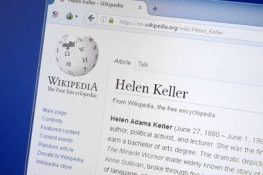 Ryazan, Rusya - 19 Ağustos 2018: Vikipedi sayfası Helen Keller hakkında Pc ekranda