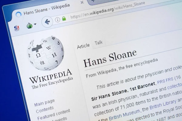 Ryazan Rusia Agosto 2018 Página Wikipedia Sobre Hans Sloane Pantalla — Foto de Stock