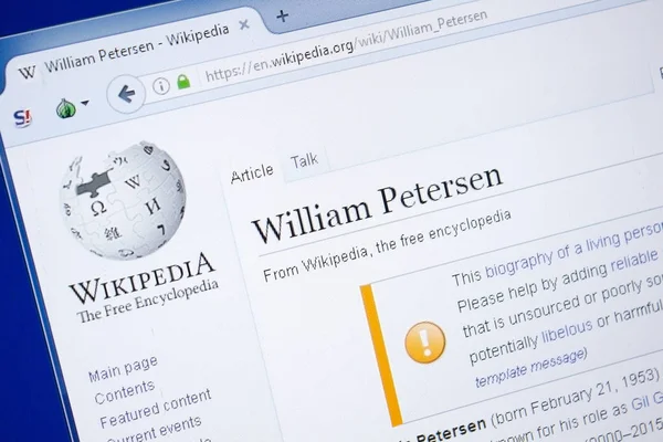 Ryazan Rusia Agustus 2018 Halaman Wikipedia Tentang William Petersen Pada — Stok Foto