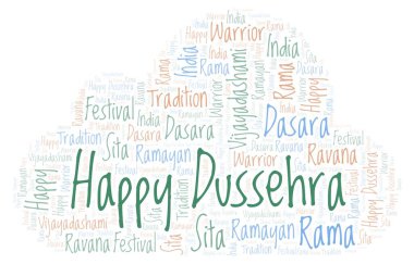 Mutlu Dussehra kelime bulutu. Yalnızca metin ile yapılan Wordcloud.