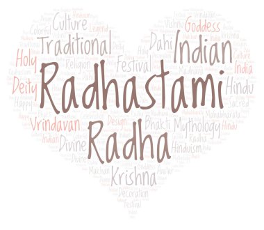 Radhastami kalp şekli word Cloud. Harfler ve kelimeler sadece yapılmış Wordcloud.