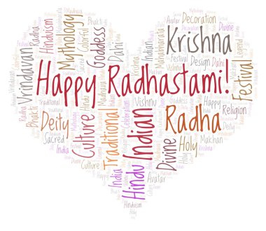 Kalp şekli word Cloud mutlu Radhastami.