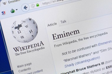 Ryazan, Russia - August 19, 2018: Wikipedia page about Eminem on the display of PC