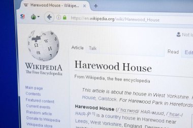 Ryazan, Rusya - 28 Ağustos 2018: Vikipedi sayfa hakkında Harewood House Pc ekranda.