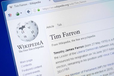 Ryazan, Rusya - 19 Ağustos 2018: Vikipedi sayfa hakkında Tim Farron Pc ekranda