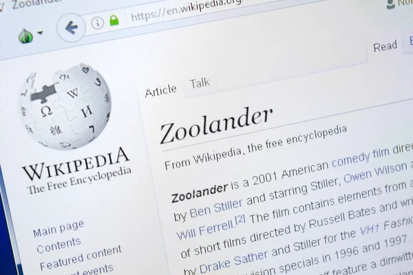 Ryazan, Rusya - 28 Ağustos 2018: Vikipedi sayfa hakkında Zoolander Pc ekranda.