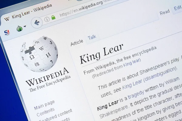 Rjazaň, Rusko - 28 srpna 2018: Stránce Wikipedie o Krále Leara na monitoru Pc. — Stock fotografie