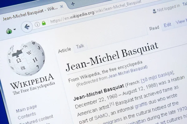 Ryazan, Rusia - 28 Agustus 2018: Halaman Wikipedia tentang Jean-Michel Basquiat pada tampilan PC . — Stok Foto