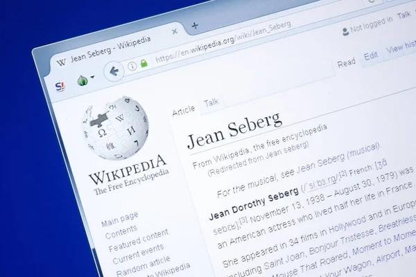 Ryazan, Rusia - 28 Agustus 2018: Halaman Wikipedia tentang Jean Seberg pada tampilan PC . — Stok Foto