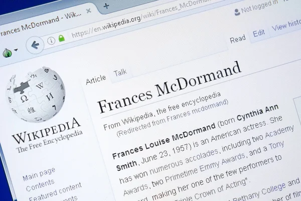 Rjazaň, Rusko - 28 srpna 2018: Stránce Wikipedie o Frances Mcdormand na monitoru Pc. — Stock fotografie