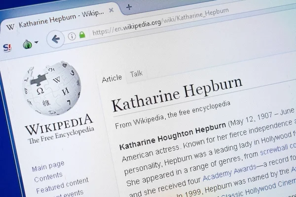 Ryazan, Rusya - 19 Ağustos 2018: Vikipedi sayfa hakkında Katharine Hepburn Pc ekranda