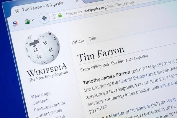 Ryazan, Rusya - 19 Ağustos 2018: Vikipedi sayfa hakkında Tim Farron Pc ekranda