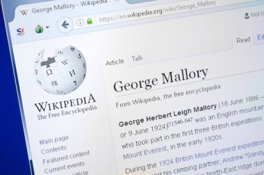 Ryazan, Rusya - 28 Ağustos 2018: Vikipedi sayfa hakkında George Mallory Pc ekranda.