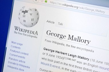Ryazan, Rusya - 28 Ağustos 2018: Vikipedi sayfa hakkında George Mallory Pc ekranda.