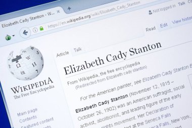 Ryazan, Rusya - 28 Ağustos 2018: Vikipedi sayfa hakkında Elizabeth Cady Stanton Pc ekranda.
