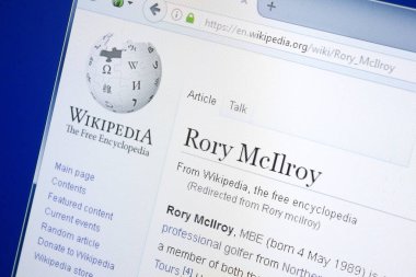 Ryazan, Rusya - 28 Ağustos 2018: Vikipedi sayfa hakkında Rory Mcllroy Pc ekranda.
