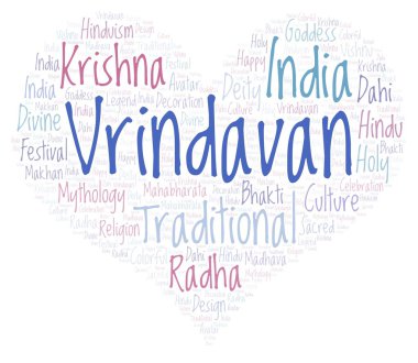 Harfler ve kelimeler sadece Vrindavan kalp şeklinde Wordcloud yapılmış.