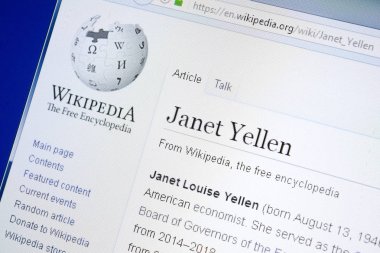 Ryazan, Rusya - 28 Ağustos 2018: Vikipedi sayfa hakkında Janet Yellen Pc ekranda.