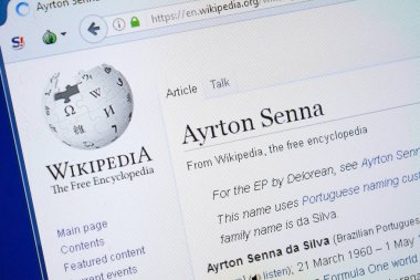 Ryazan, Rusya - 19 Ağustos 2018: Vikipedi sayfa hakkında Ayrton Senna Pc ekranda