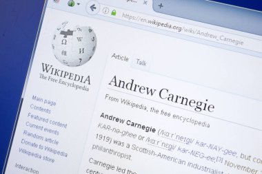 Ryazan, Rusya - 19 Ağustos 2018: Vikipedi sayfa hakkında Andrew Carnegie Pc ekranda
