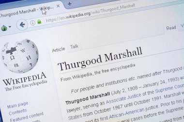 Ryazan, Russia - August 19, 2018: Wikipedia page about Thurgood Marshall on the display of PC clipart