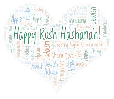 Mutlu Rosh Hashanah kalp şekli kelime bulutu.
