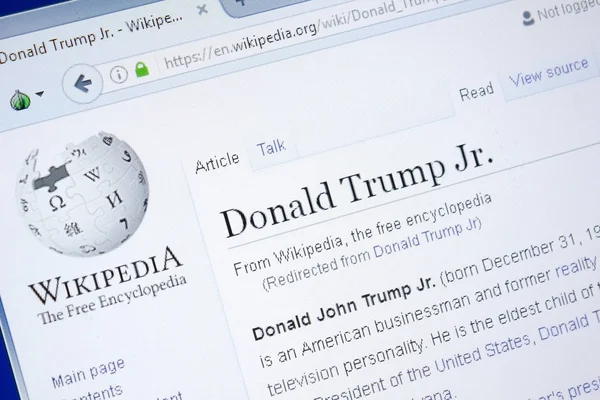 Ryazan, Rusland - augustus 28, 2018: Wikipedia-pagina over Donald Trump Jr. op het beeldscherm van de Pc. — Stockfoto