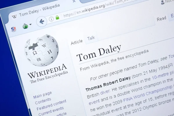 Ryazan, Rusia - 28 Agustus 2018: Halaman Wikipedia tentang Tom Daley pada tampilan PC . — Stok Foto