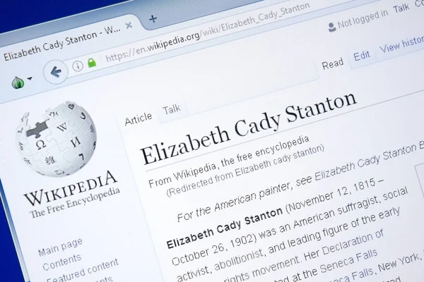 Ryazan, Rusya - 28 Ağustos 2018: Vikipedi sayfa hakkında Elizabeth Cady Stanton Pc ekranda.