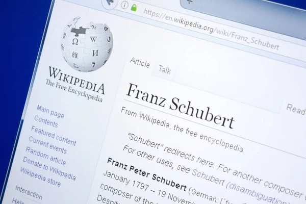 Ryazan, Rusia - 28 Agustus 2018: Halaman Wikipedia tentang Franz Schubert pada tampilan PC . — Stok Foto