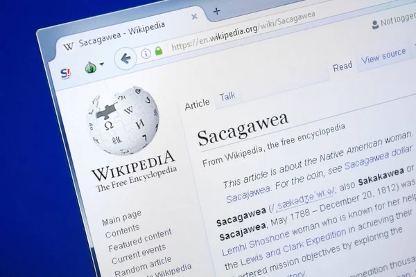 Ryazan, Rusia - 28 Agustus 2018: Halaman Wikipedia tentang Sacagawea pada tampilan PC . — Stok Foto