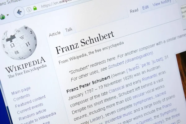 Rjazaň, Rusko - 28 srpna 2018: Stránce Wikipedie o Franz Schubert na monitoru Pc. — Stock fotografie