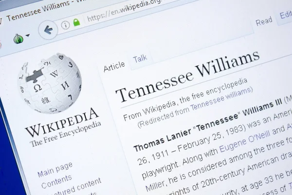 Ryazan, Rusya - 28 Ağustos 2018: Vikipedi sayfası Tennessee Williams hakkında Pc ekranda.