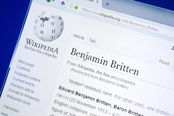 Ryazan, Rusia - 28 Agustus 2018: Halaman Wikipedia tentang Benjamin Britten pada tampilan PC . — Stok Foto