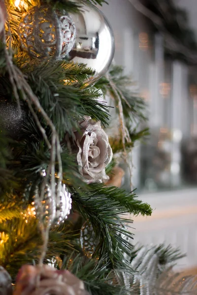 Boże Narodzenie Dekoracje Tło Zabawki Pine Tree — Zdjęcie stockowe