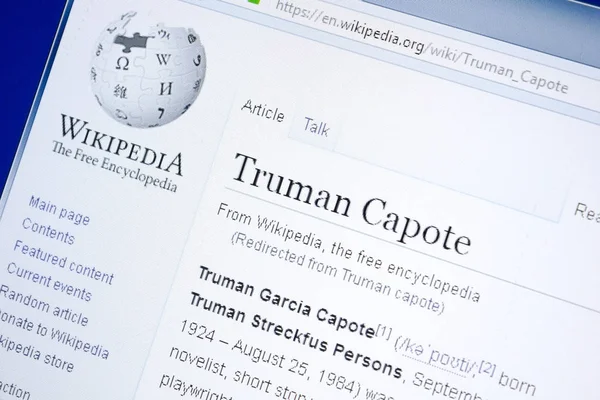 Ryazan, Rusia - 28 Agustus 2018: Halaman Wikipedia tentang Truman Capote pada tampilan PC . — Stok Foto