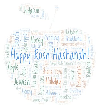 Mutlu Rosh Hashanah elma şekil kelime bulutu.