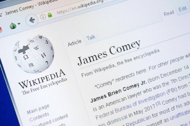 Ryazan, Rusya - 28 Ağustos 2018: Vikipedi sayfa hakkında James Comey Pc ekranda.