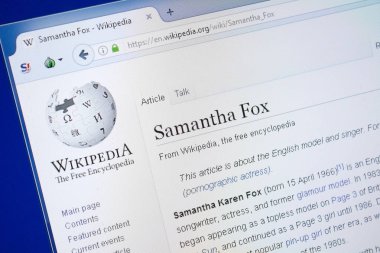 Ryazan, Rusya - 19 Ağustos 2018: Vikipedi sayfası Samantha Fox hakkında Pc ekranda