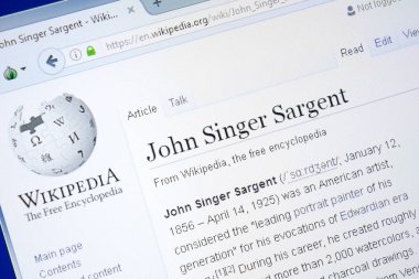 Ryazan, Rusya - 28 Ağustos 2018: Vikipedi sayfa hakkında John Singer Sargent Pc ekranda.