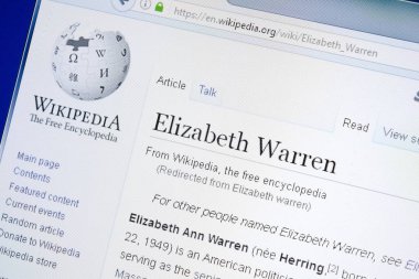 Ryazan, Rusya - 28 Ağustos 2018: Vikipedi sayfa hakkında Elizabeth Warren Pc ekranda.