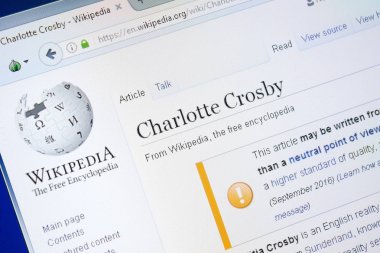 Ryazan, Rusya - 28 Ağustos 2018: Vikipedi sayfa hakkında Charlotte Crosby Pc ekranda.