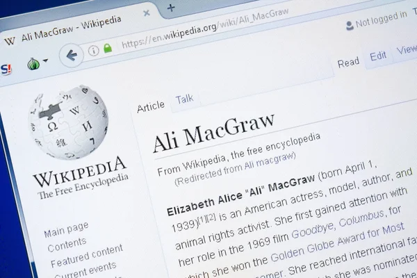 Ryazan, Rusya - 28 Ağustos 2018: Vikipedi sayfa hakkında Ali Macgraw Pc ekranda.
