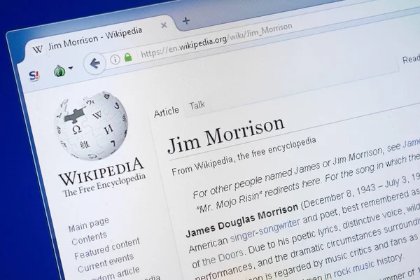 Ryazan Oroszország 2018 Augusztus Wikipedia Oldala Jim Morrison Kijelzőn — Stock Fotó