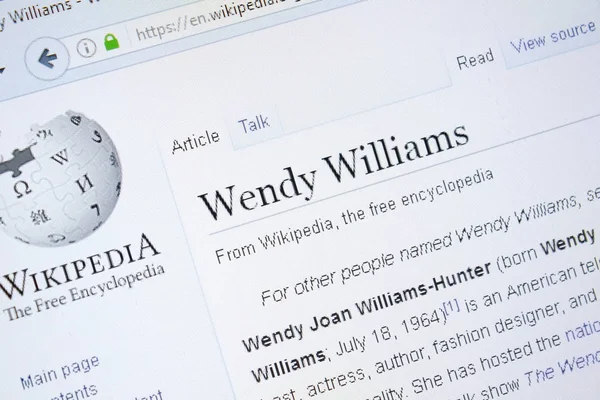 Rjasan, russland - 28. august 2018: wikipedia-seite über wendy williams auf dem display des pc. — Stockfoto