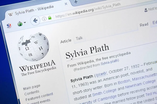 Ryazan, Rusya - 28 Ağustos 2018: Vikipedi sayfa hakkında Sylvia Plath Pc ekranda.