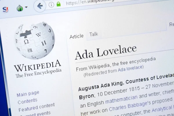 Ryazan, Rusya - 28 Ağustos 2018: Vikipedi sayfa hakkında Ada Lovelace Pc ekranda.