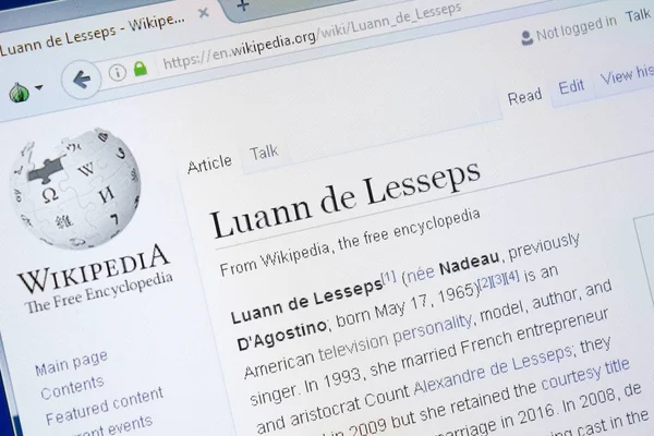 Ryazan, Rusya - 28 Ağustos 2018: Vikipedi sayfası Pc ekranda Luann de Lesseps hakkında.